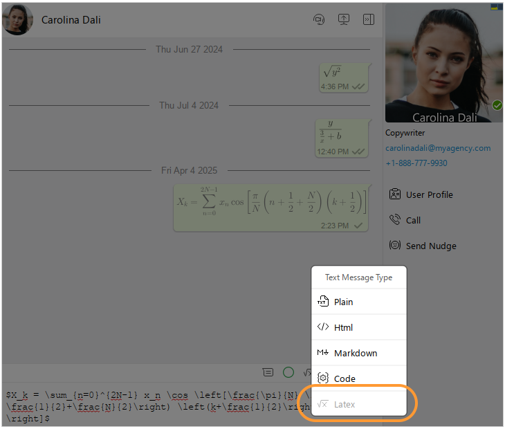 Screenshot of Virola's LaTex messages format