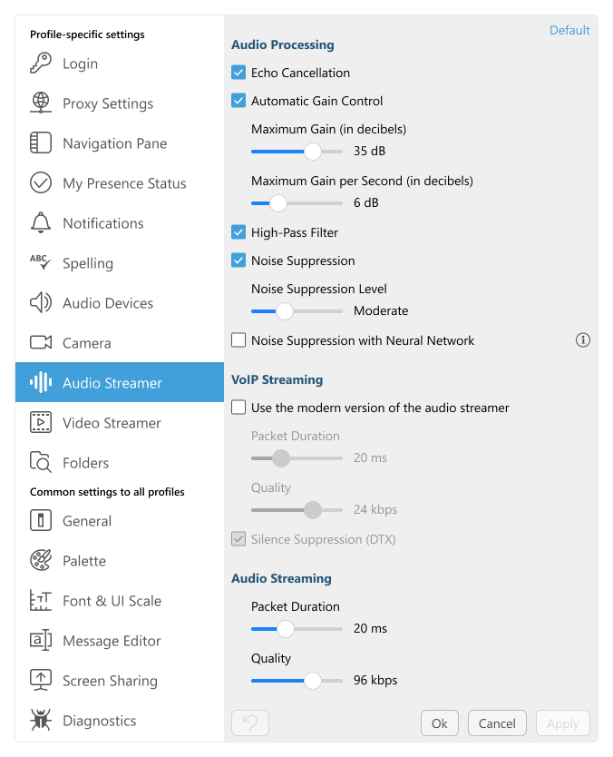 Audio streaming settings in Virola Client