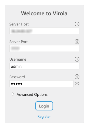 Screenshot of Virola client login form