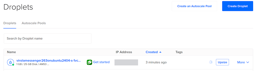 Screenshot of Virola Server droplet on DigitalOcean dashboard