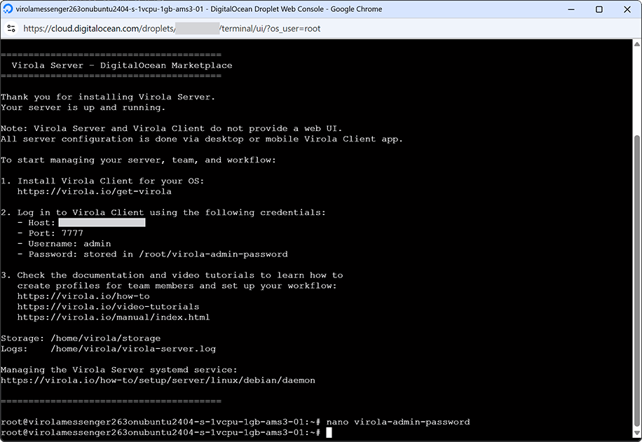 Screenshot of Virola Messenger droplet console in DigitalOcean