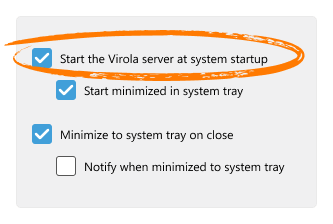 Screenshot of Virola server for Windows options