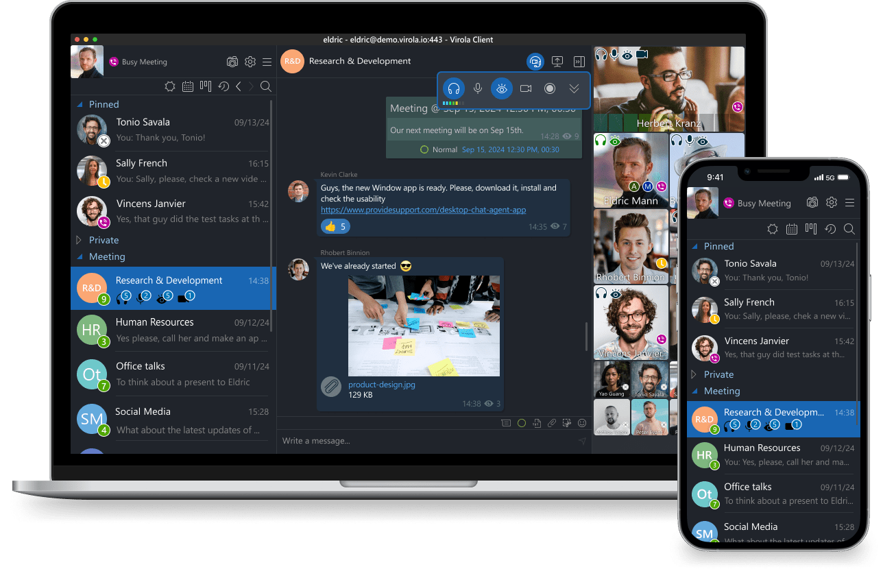 Use Virola to streamline and secure your company workflow Self-hosted instant messenger Virola desktop app