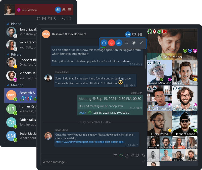 Stay connected with your team Permanent meeting rooms in Virola messenger