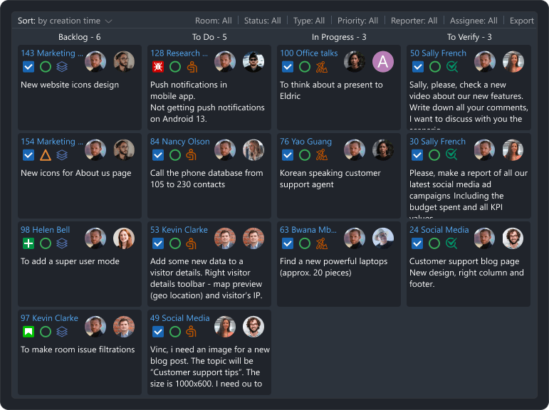 Track issues with integrated task board Task board in Virola messenger