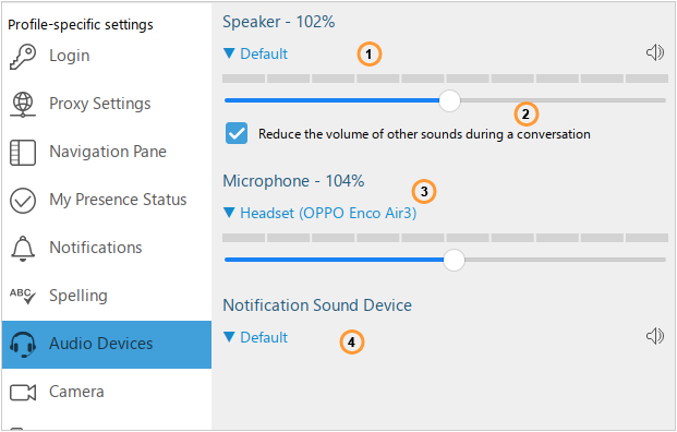Audio settings tab