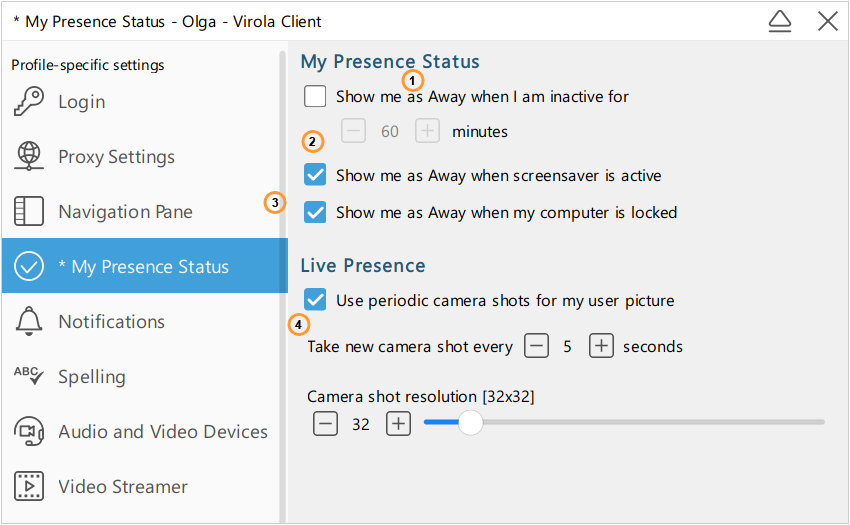Presence settings for Virola client