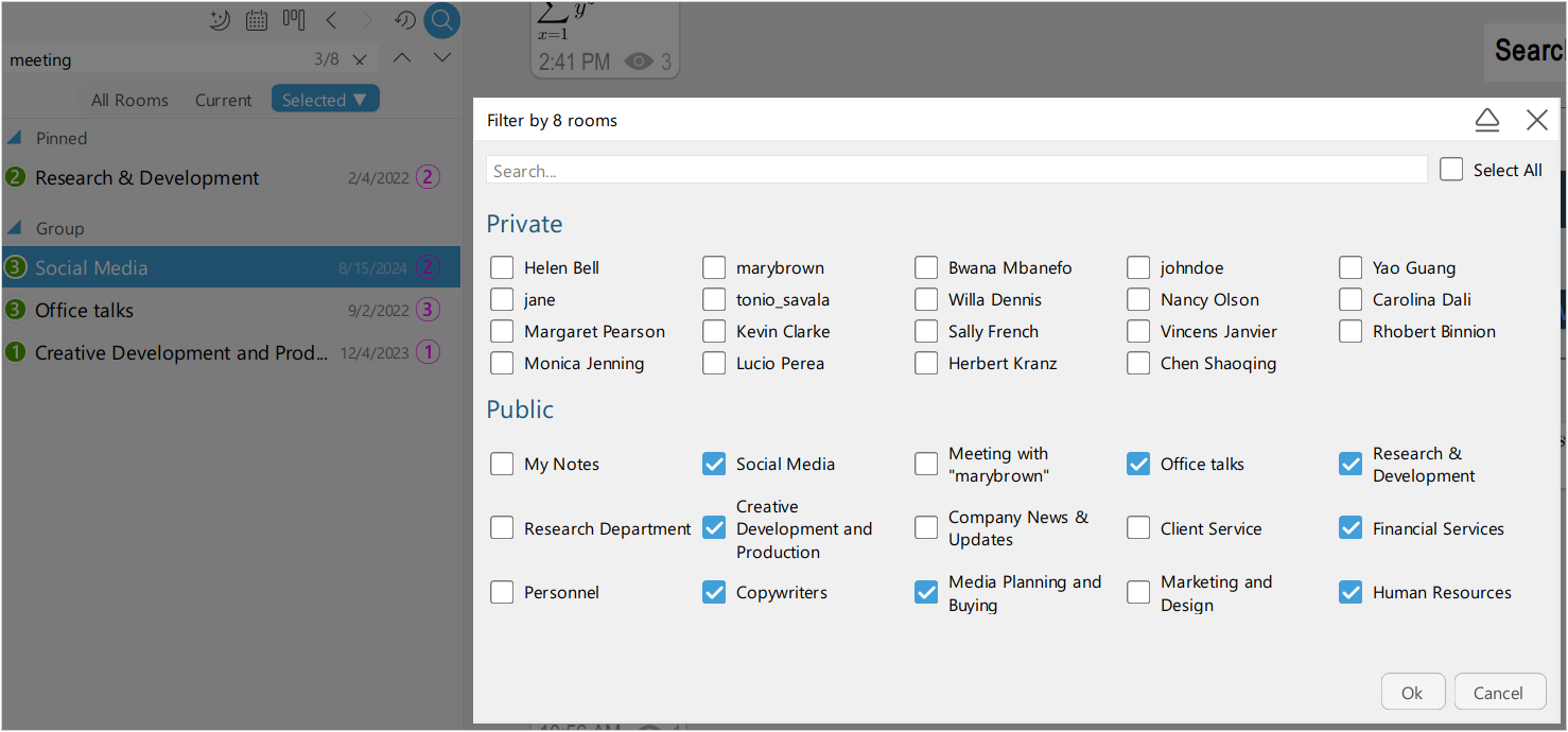 Search in selected chat rooms Search in selected chat rooms