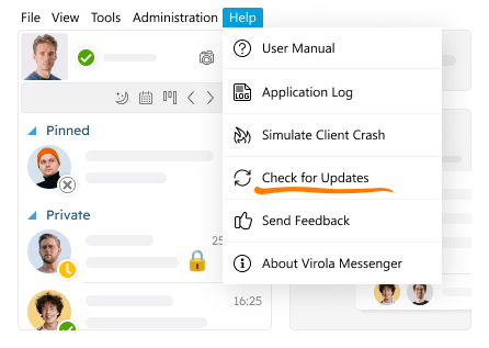 Screenshot Help menu with Check for Updates item highlighted