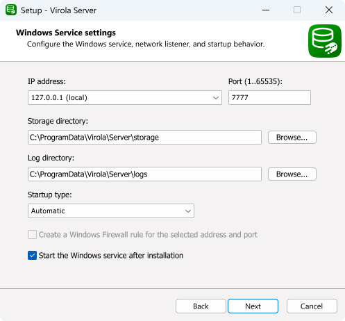 Screenshot of Virola Server installer